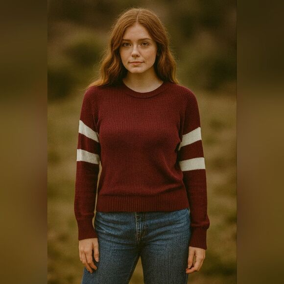 Burgundy Rugby Striped Open Knit High Low Sweater L Round Neck Lightweight Retro - Picture 1 of 8